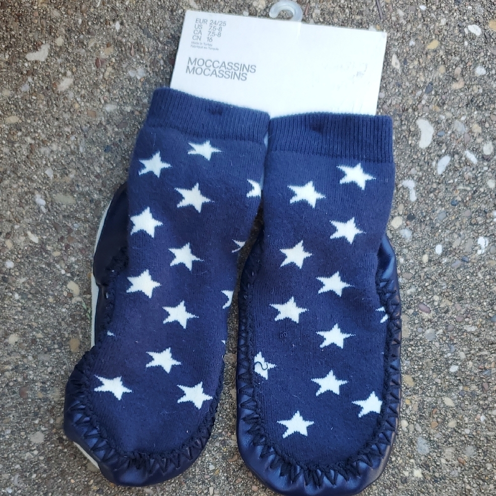 H&M Navy Blue Star Patterned Moccasins Baby 7.5-8 Slipper Socks Walker New